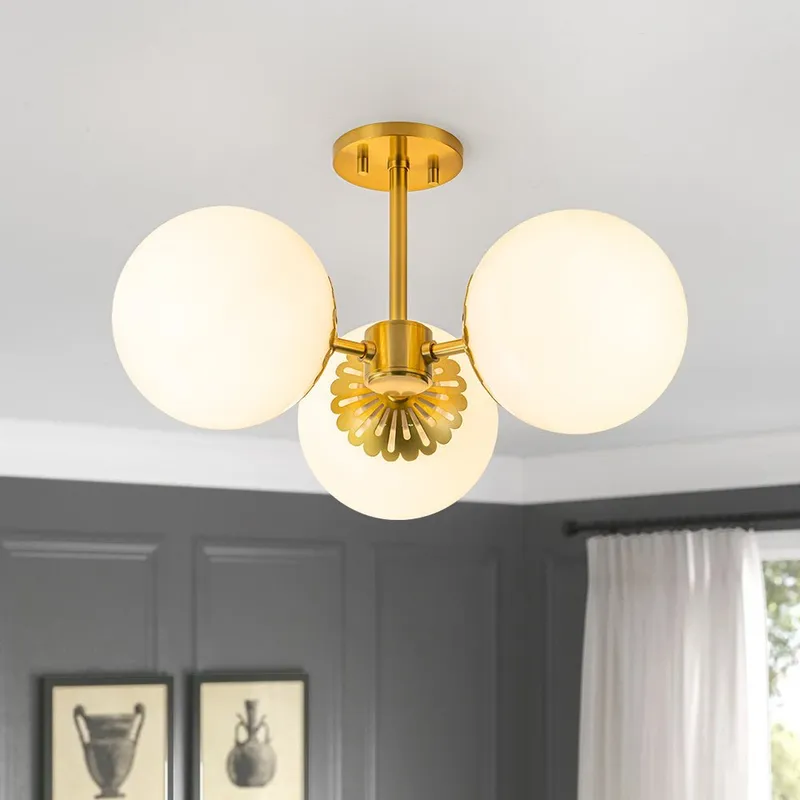 Brass Daisy 3-Light Opal Glass Globe Semi Flush Light — LightFixturesUSA LED Ceiling Lights 40.0W 