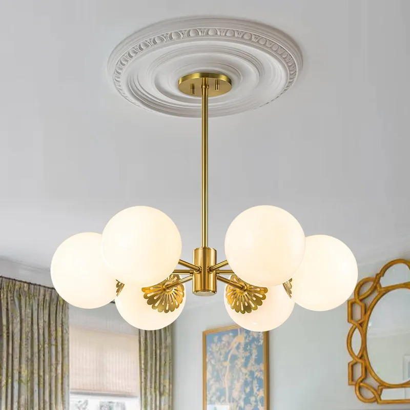Brass Daisy Tiered Opal Glass Globe Sputnik Chandelier — LightFixturesUSA LED Pendant Lights 25.0W 