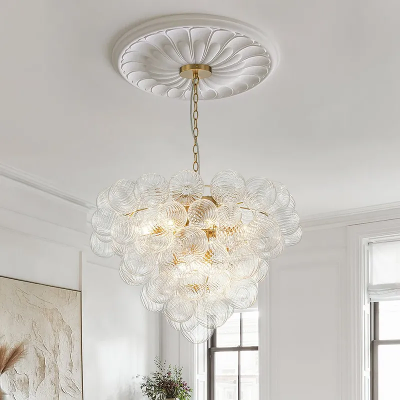Glam Brass Cluster Ribbed Glass Globe Bubble Chandelier — LightFixturesUSA LED Pendant Lights 40.0W 