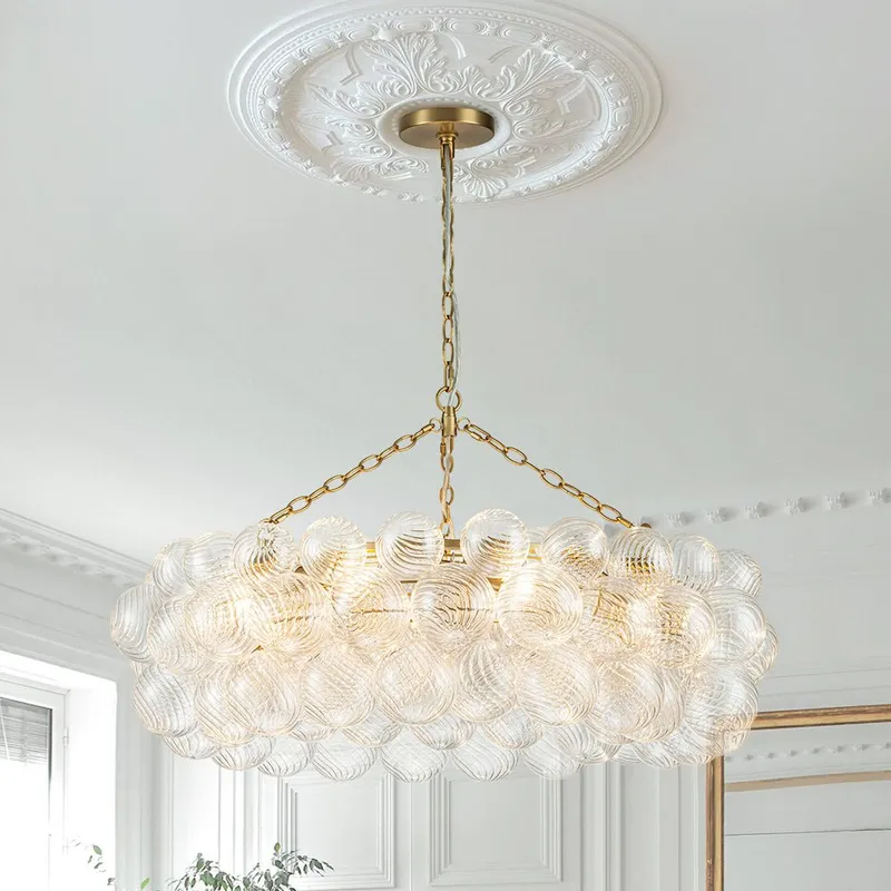 Brass Halo Ribbed Glass Globe Bubble Ring Chandelier — LightFixturesUSA LED Pendant Lights 40.0W 