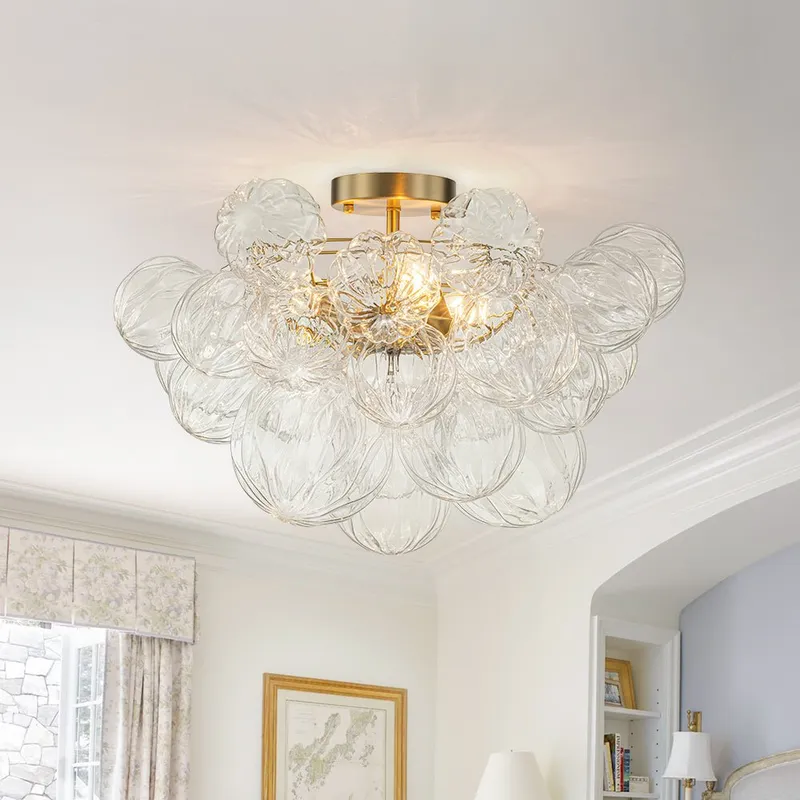 3-Light Brass Sculpture Glass Globe Bubble Semi Flush Chandelier — LightFixturesUSA LED Pendant Lights 40.0W 