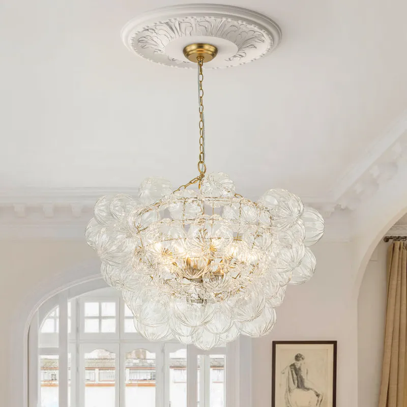 Brass Cluster Sculpture Texture Glass Globe Bubble Chandelier — LightFixturesUSA LED Pendant Lights 40.0W 