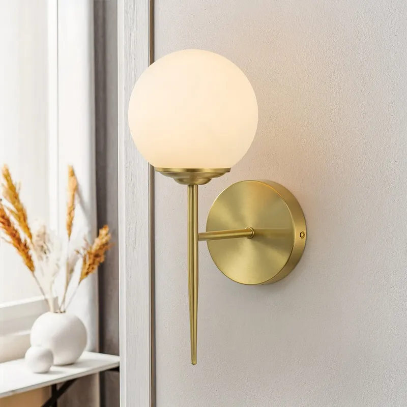 Mid-Century 1-Light Brass Frosted Glass Globe Wall Sconce — LightFixturesUSA LED Wall Lights 60.0W 