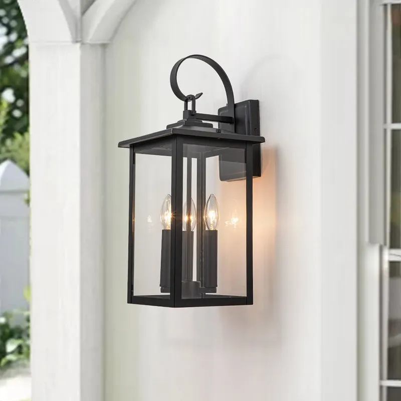 IP23 Matte Black Farmhouse 3-Light Lantern Outdoor Wall Light — LightFixturesUSA LED Wall Lights 40.0W 