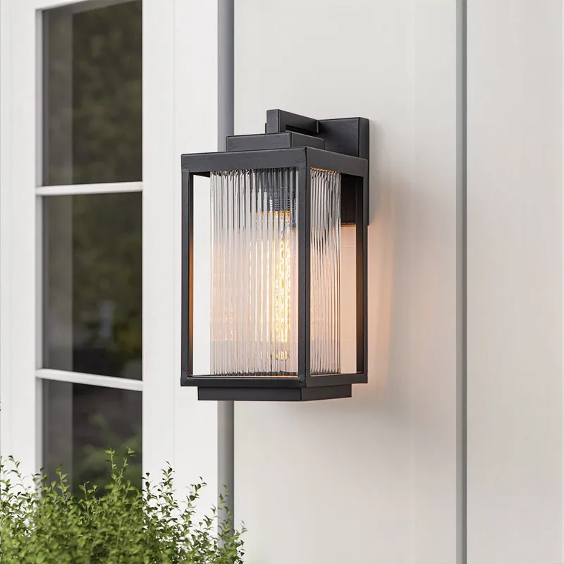 IP23 1-Light Black Ribbed Glass Outdoor Wall Lantern — LightFixturesUSA LED Wall Lights 60.0W 