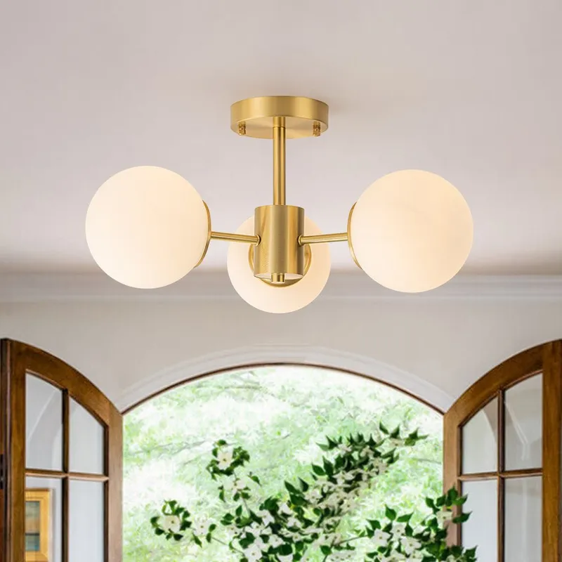 Brass 3-Light Opal Glass Globe Semi Flush Mount — LightFixturesUSA LED Ceiling Lights 40.0W 