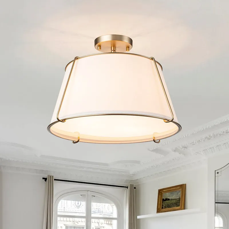 Contemporary Wide Linen Drum Brass Semi Flush Mount — LightFixturesUSA LED Ceiling Lights 40.0W 