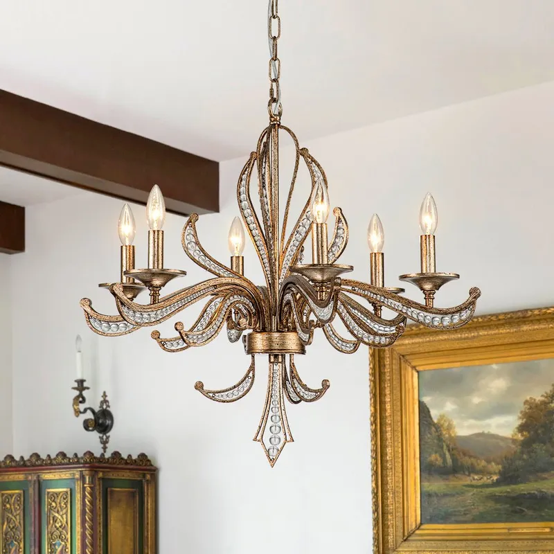 6-Light Vintage Candle Style Chandelier Crystal Beads — LightFixturesUSA LED Pendant Lights 40.0W 