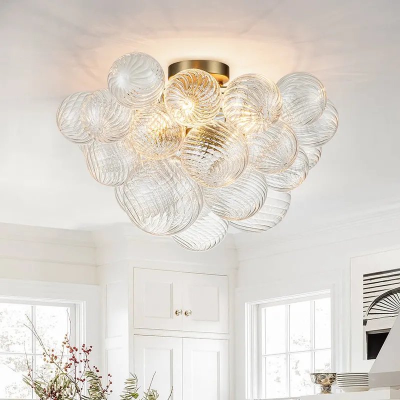 3-Light Cluster Ribbed Glass Bubble Semi Flush Chandelier — LightFixturesUSA LED Pendant Lights 40.0W 