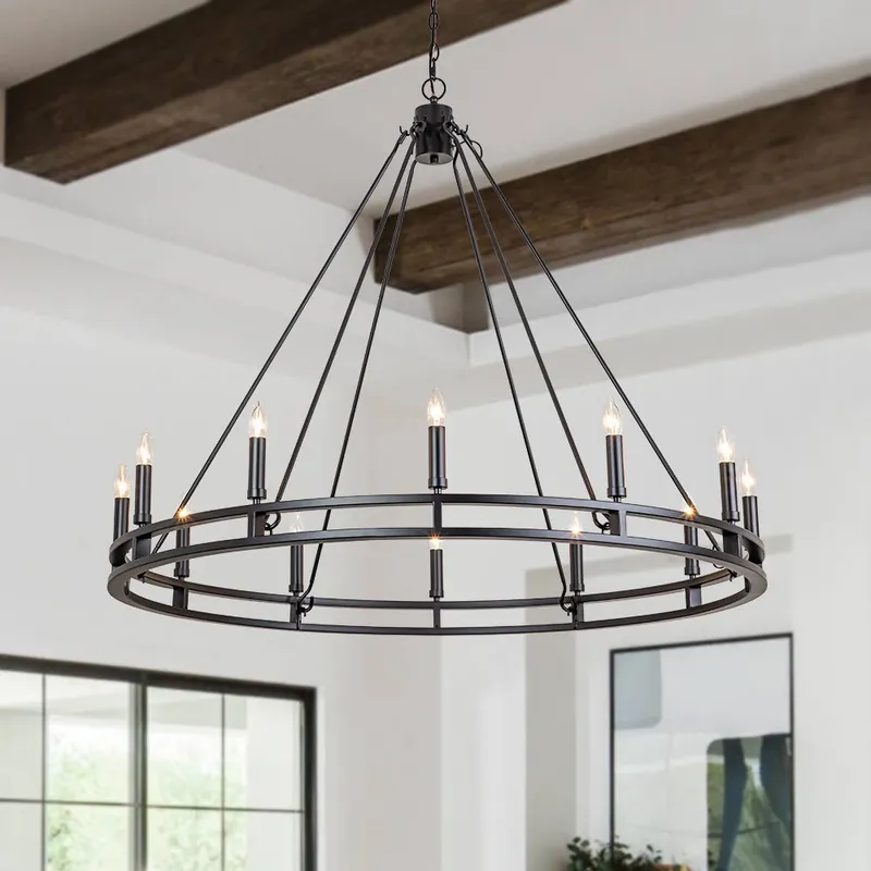 Oversized Vintage Black Candle Style Wagon Wheel Chandelier — LightFixturesUSA LED Pendant Lights 40.0W 