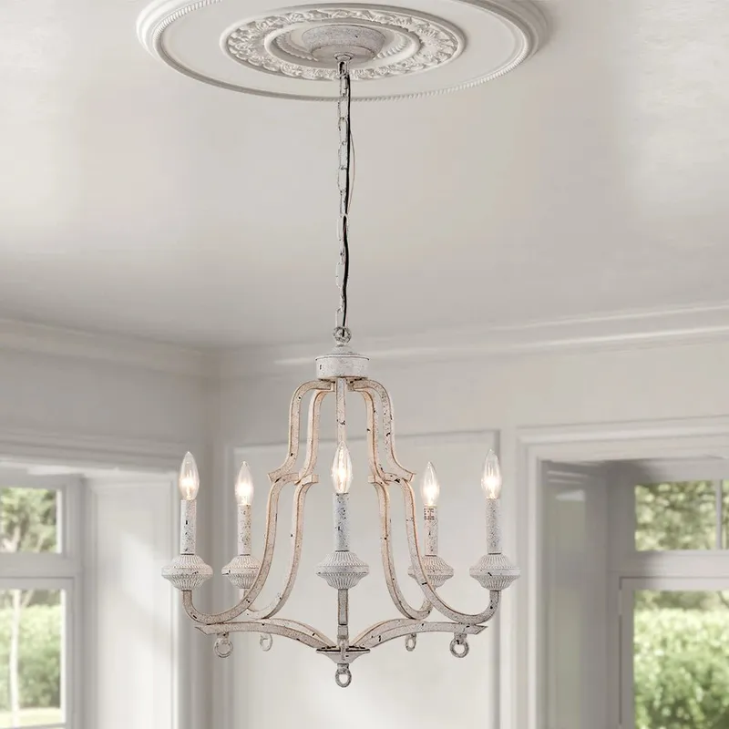 5-Light Distressed White Shabby Chic Candle Style Chandelier — LightFixturesUSA LED Pendant Lights 40.0W 