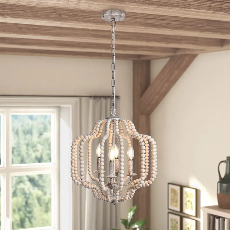 Boho 4-Light Wood Beaded Lantern Pendant — LightFixturesUSA LED Pendant Lights 40.0W 