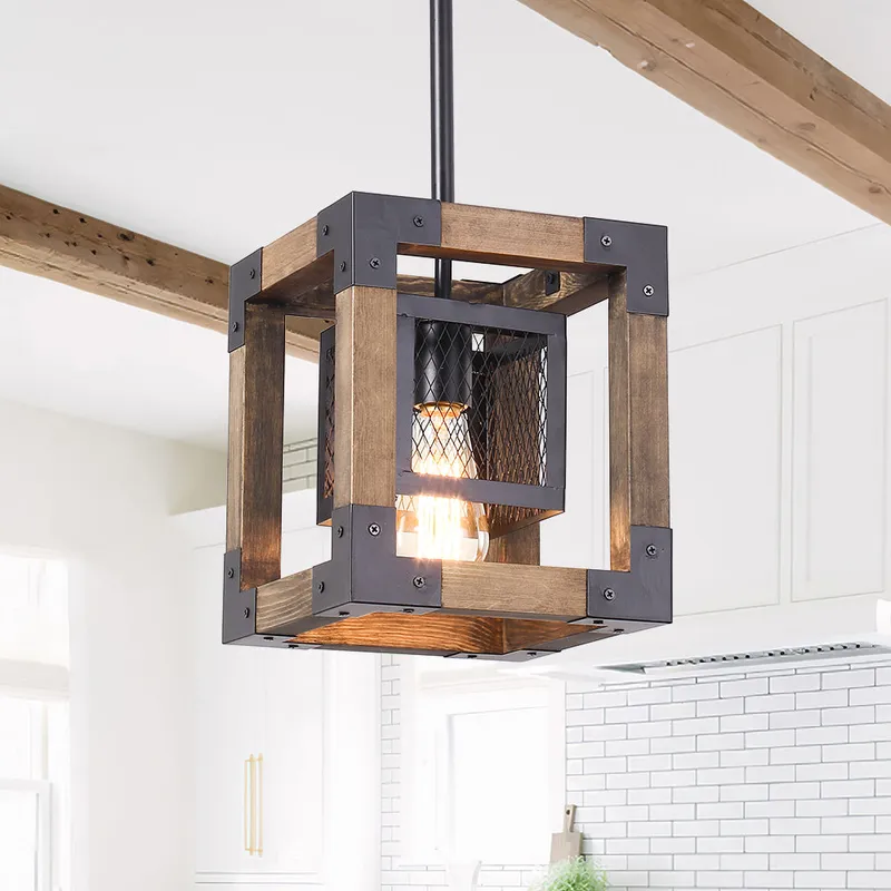 1-Light Square Wood Pendant Light — LightFixturesUSA LED Pendant Lights 60.0W 