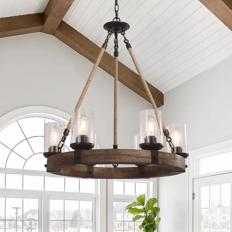6-Light Wood Wagon Wheel Chandelier Modern Farmhouse — LightFixturesUSA LED Pendant Lights 40.0W 