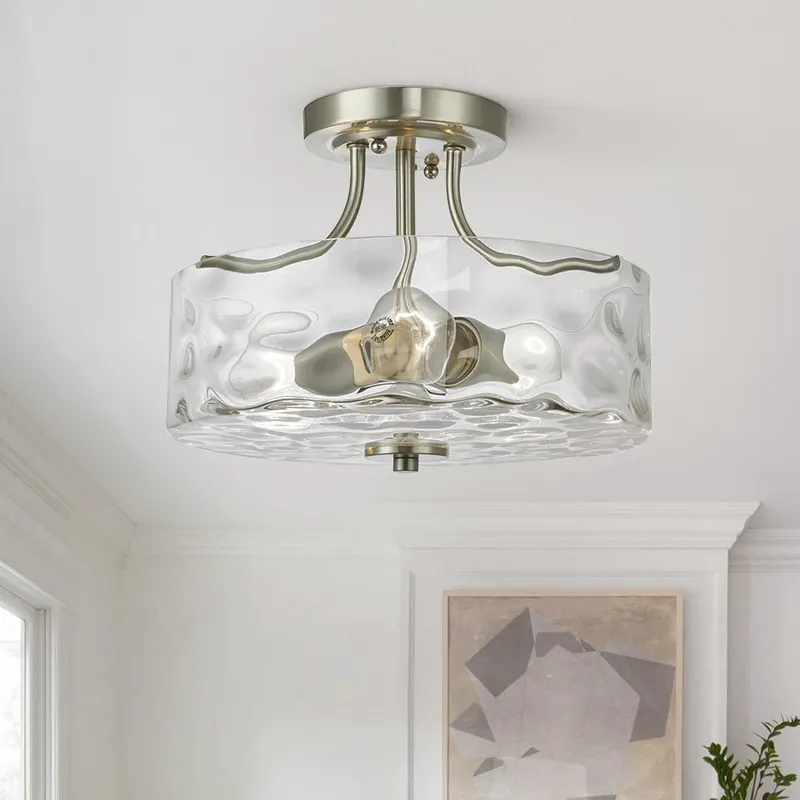 Nickel Hammered Glass Semi Flush — LightFixturesUSA LED Ceiling Lights 40.0W 