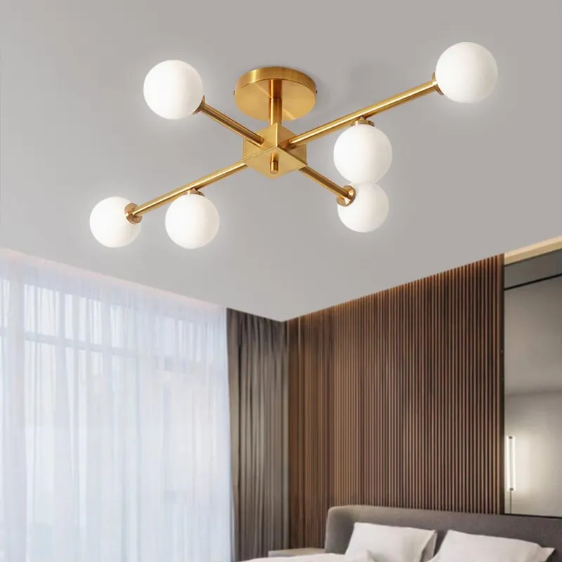Gold Sputnik Frosted Glass Globe Semi Flush Mount Chandelier — LightFixturesUSA LED Pendant Lights 40.0W 