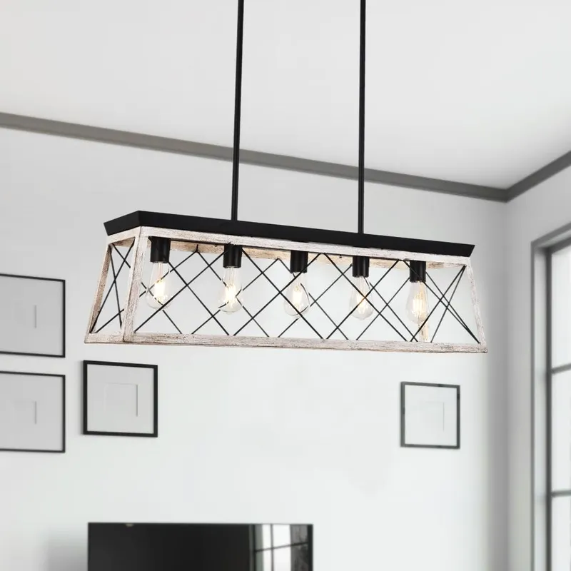 Modern Farmhouse 5-light Kitchen Island Faux Wood Linear Chandelier Pendant — LightFixturesUSA LED Linear Lights 40.0W 