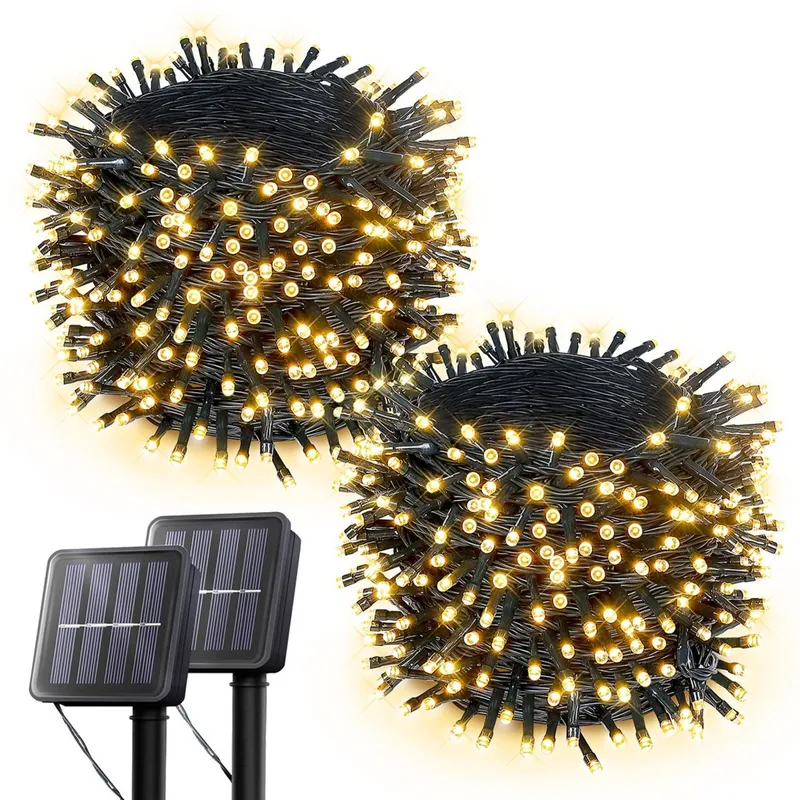 32ft. LED Solar Powered Fairy String Lights with 8 Light Modes - Warm White - IP65 Waterproof Rated - 2 Pack — LightUp Lighting LED General Lighting  2700K