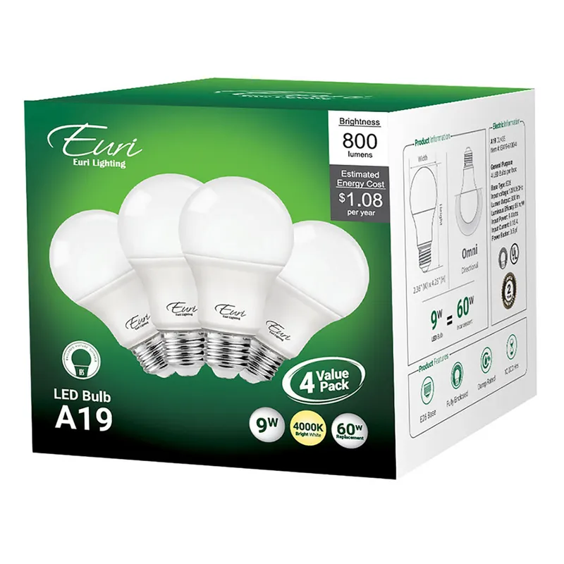 4-Pack LED A19 Bulbs - 9W - 800 Lumens - Euri Lighting — LightUp Lighting LED Bulbs & Lamps 9.0W 2700K