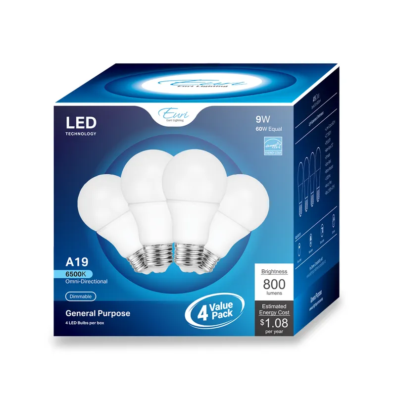 Euri Lighting 4 Pack of LED A19 Light Bulb With E26 Medium Base - 9W - 120V - 800 lumens - 6500K - Dimmable — Revolve LED LED Linear Lights 9.0W 6500K