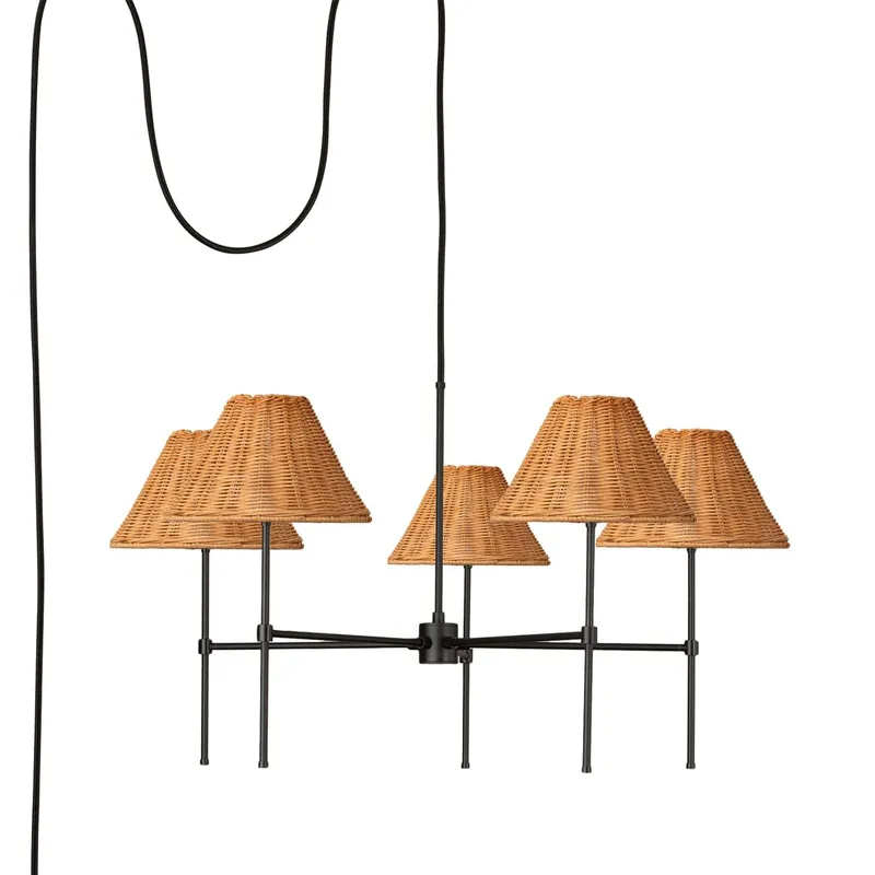Slim 5-Arm Plug-In Chandelier with Wicker Shade — Color Cord Company LED Pendant Lights  