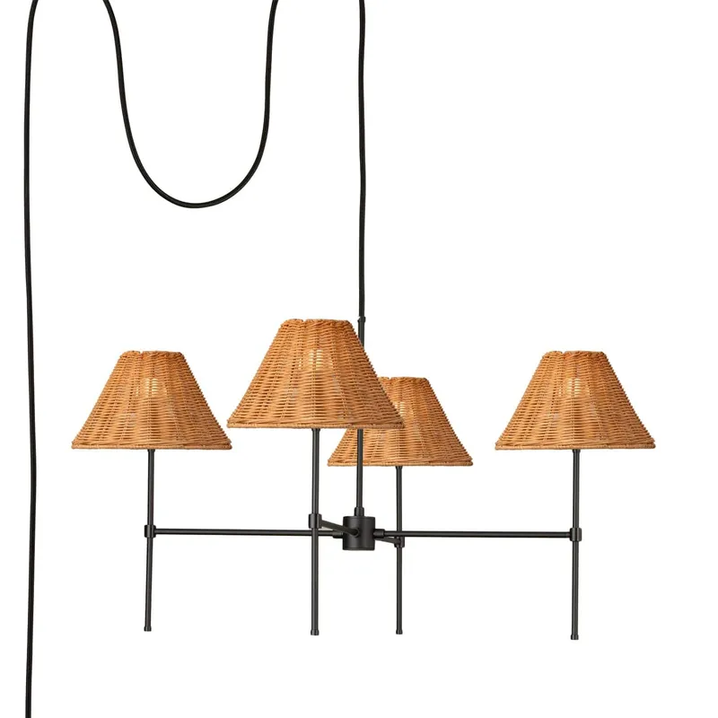 Slim 4-Arm Plug-In Chandelier with Wicker Shades — Color Cord Company LED Pendant Lights  