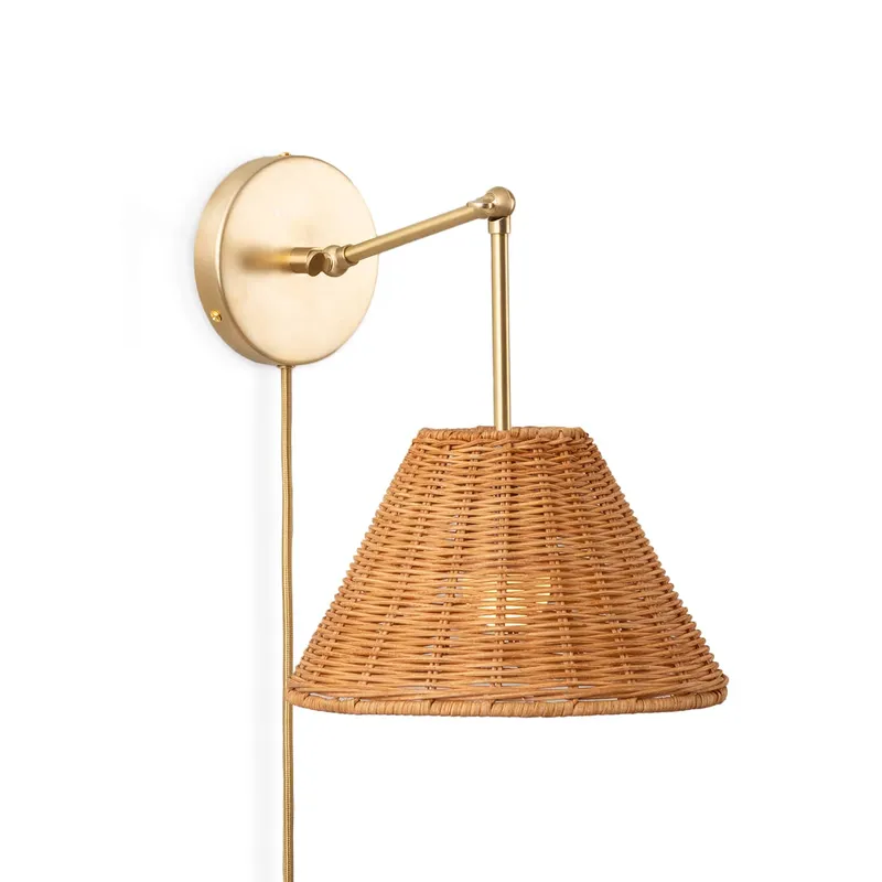 Hinge Plug-In Double Solo Sconce with Wicker Shade — Color Cord Company LED Wall Lights  