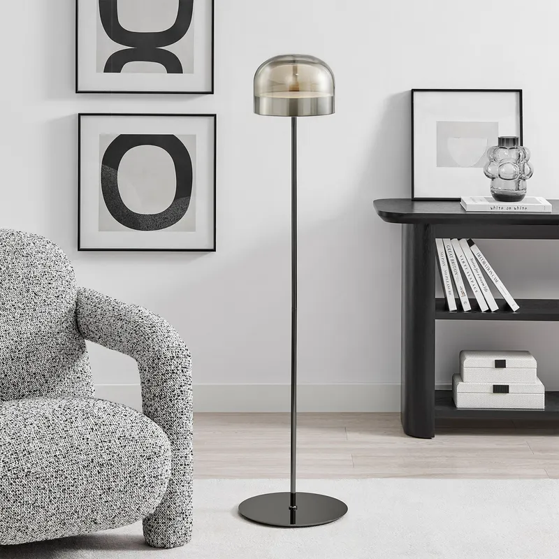 Iron and Smoky Glass Floor Lamp // Black — Finesse Decor LED General Lighting 25.6W 3000K