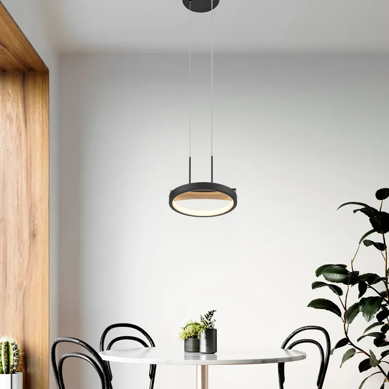1 head Satin Black & Wood Pendant — Finesse Decor LED Pendant Lights 45.0W 3000K