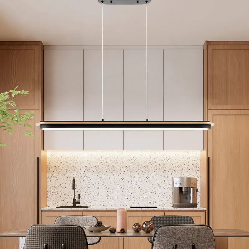 Chandelier Curved Linear Satin Black & Wood — Finesse Decor LED Linear Lights 35.0W 3000K