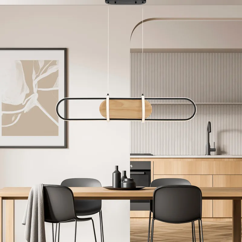 Chandelier Rounded Rectangle Satin Black & Wood — Finesse Decor LED Pendant Lights 45.0W 3000K