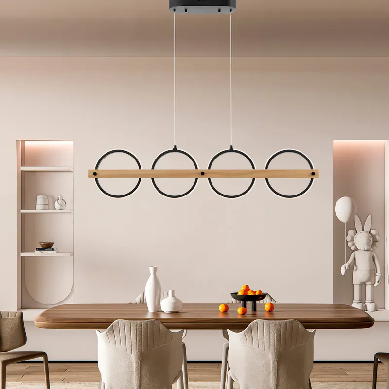 Chandelier 4 Circles Satin Black & Wood — Finesse Decor LED Pendant Lights 45.0W 3000K