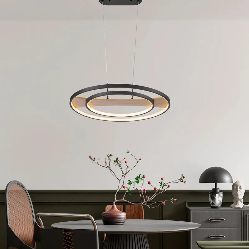 Chandelier Lamp Satin Black & Wood — Finesse Decor LED Pendant Lights 35.0W 3000K