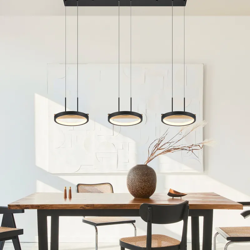 3 heads Satin Black & Wood Chandelier — Finesse Decor LED Pendant Lights 35.0W 3000K