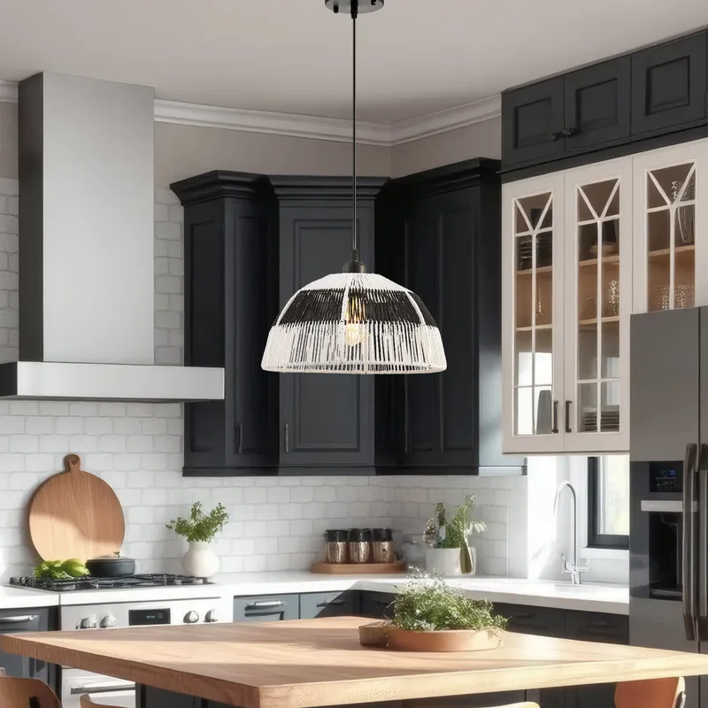 Iron and Ropes 1 Light 14" Diam Pendant // Black and Cream — Finesse Decor LED Pendant Lights 6.0W 