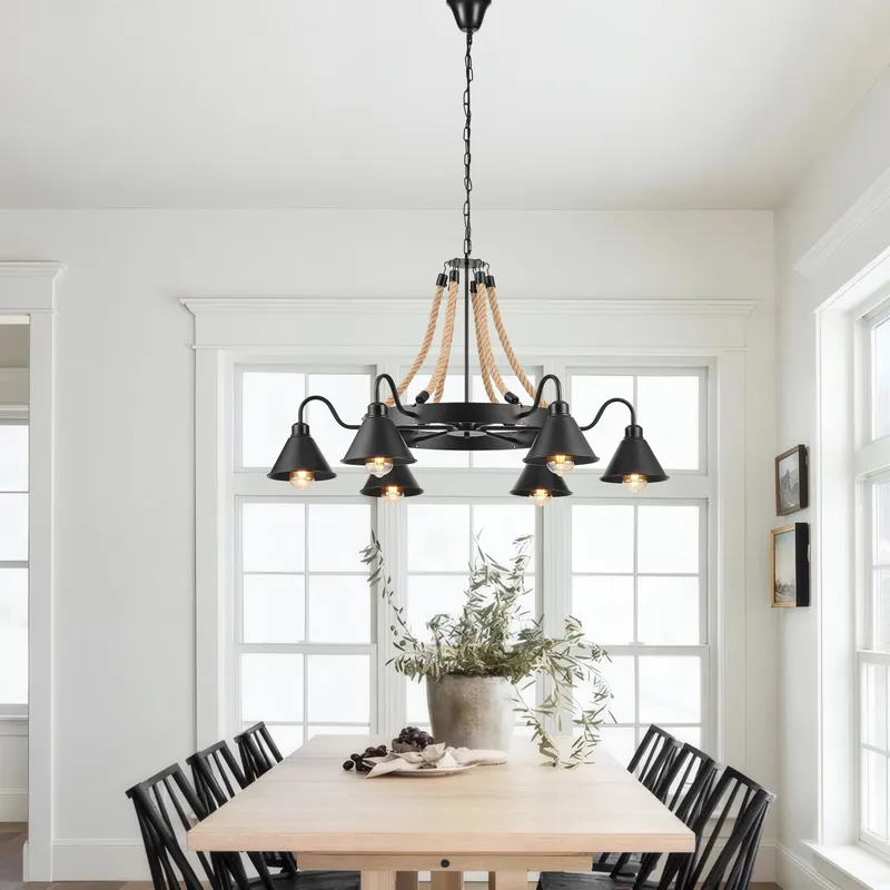 Steel and Ropes 6 Light Chandelier // Black — Finesse Decor LED Pendant Lights 36.0W 
