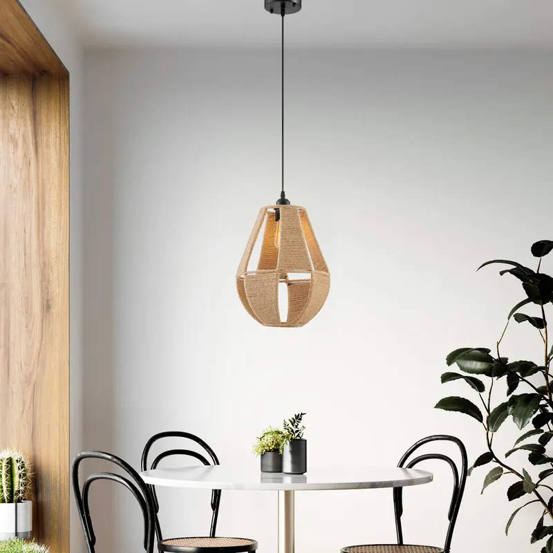 Iron and Ropes 1 Light 12" Diam Pendant // Black and Beige — Finesse Decor LED Pendant Lights 6.0W 
