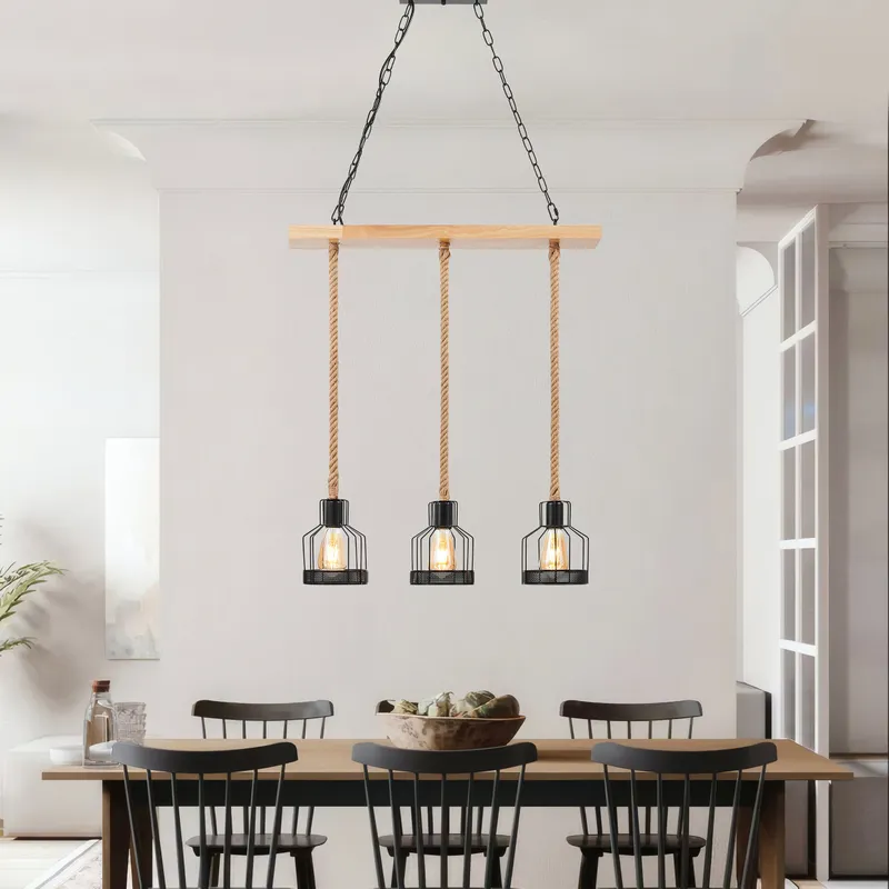 Wood and Ropes 3 Light Chandelier // Black — Finesse Decor LED Pendant Lights 18.0W 