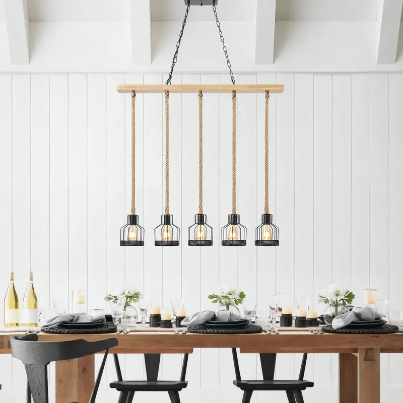 Wood and Ropes 5 Light Chandelier // Black — Finesse Decor LED Pendant Lights 30.0W 