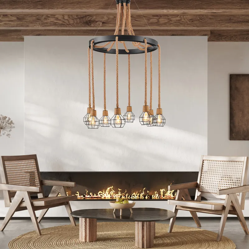 Steel and Ropes 8 Light Chandelier // Black — Finesse Decor LED Pendant Lights 48.0W 