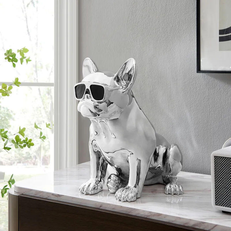French Bulldog Sitting Sculpture // Chrome & Black — Finesse Decor LED General Lighting  