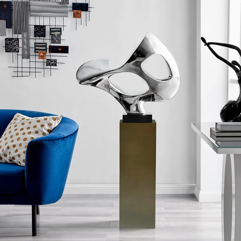 Chrome Abstract Mask 54" Tall Floor Sculpture // Chrome with Gray Stand — Finesse Decor LED General Lighting  