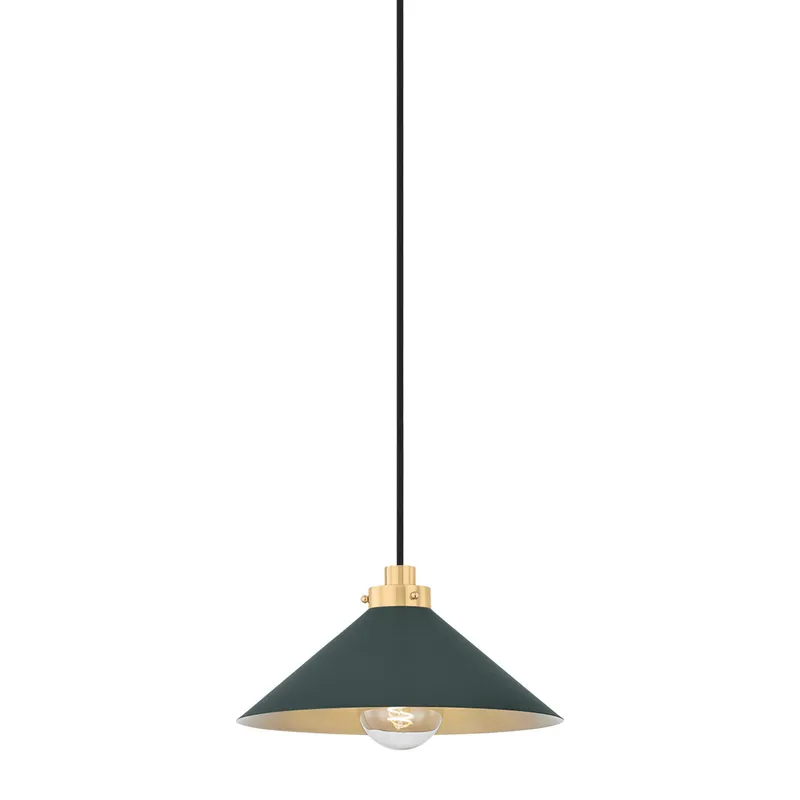 Clivedon 1-Light Pendant in Aged Brass by Mark D. Sikes 12W x 6.5H (Soft Studio Green) — Foundry Lighting LED Pendant Lights 12.0W 