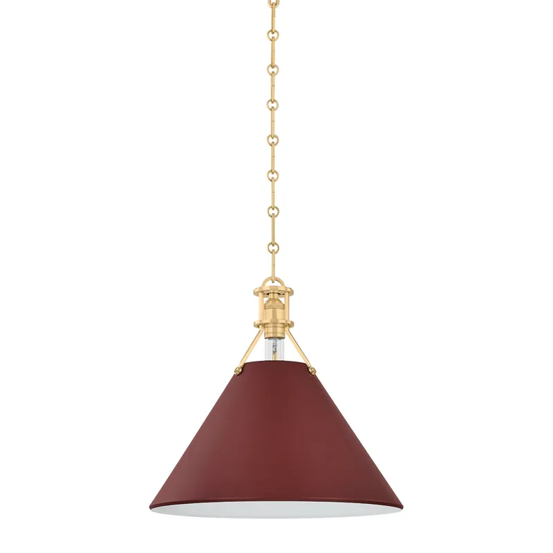Painted No. 2 1-Light Pendant in Aged Brass by Mark D. Sikes 16W x 14.75H (Soft Crimson) — Foundry Lighting LED Pendant Lights 16.0W 
