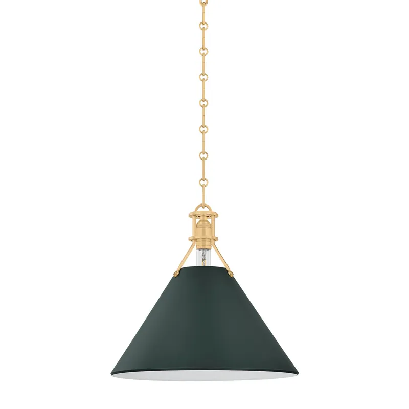 Painted No. 2 1-Light Pendant in Aged Brass by Mark D. Sikes 16W x 14.75H (Soft Studio Green) — Foundry Lighting LED Pendant Lights 16.0W 
