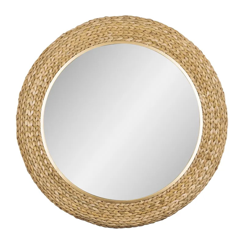 Athena 40-in Round Wall Mirror - French Gold/Natural Seagrass — Varaluz Lighting LED Wall Lights  