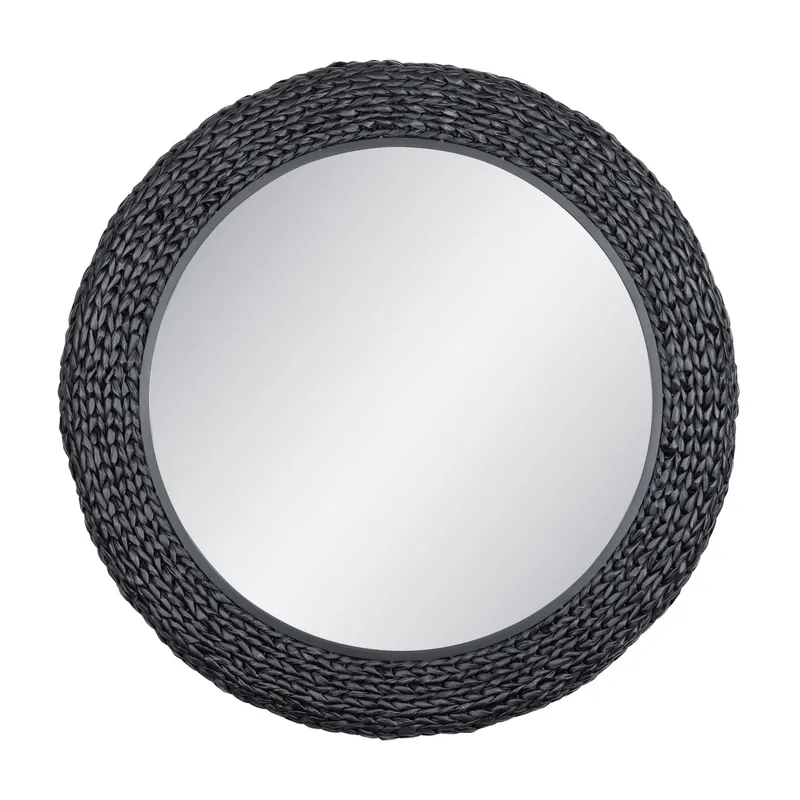 Athena 40-in Round Wall Mirror - Matte Black/Black Seagrass — Varaluz Lighting LED Wall Lights  