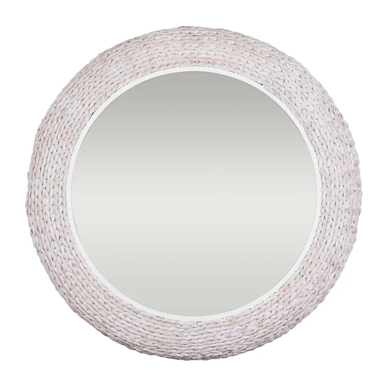 Athena 40-in Round Wall Mirror - Matte White/Whitewash Seagrass — Varaluz Lighting LED Wall Lights  