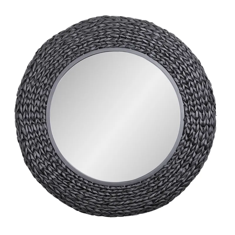 Athena 30-in Round Wall Mirror - Matte Black/Black Seagrass — Varaluz Lighting LED Wall Lights  