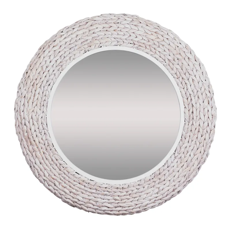 Athena 30-in Round Wall Mirror - Matte White/Whitewash Seagrass — Varaluz Lighting LED Wall Lights  